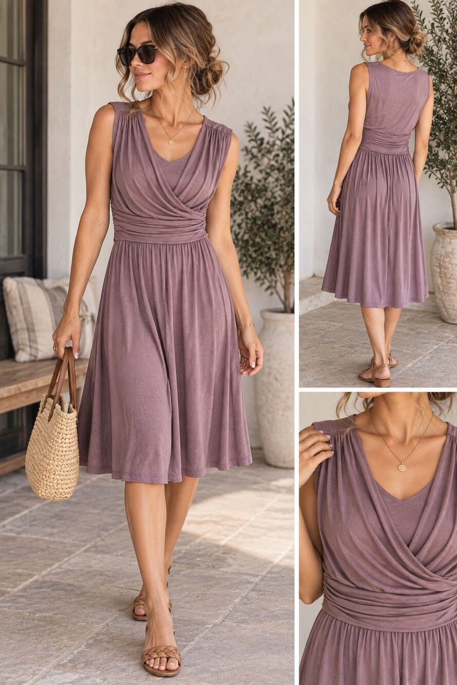 Velvet by Graham & Spencer Draped Neck Ruched Waist Midi Dress Mauve S Stretchy